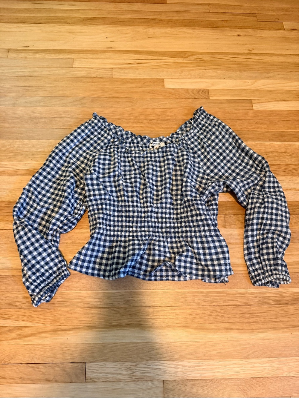 Madewell Blue and White Gingham Off-Shoulder Peplum Top